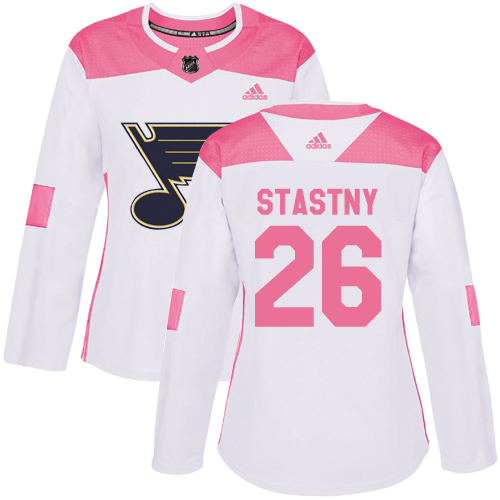 Adidas Blues #26 Paul Stastny White/Pink Authentic Fashion Women's Stitched NHL Jersey - Click Image to Close
